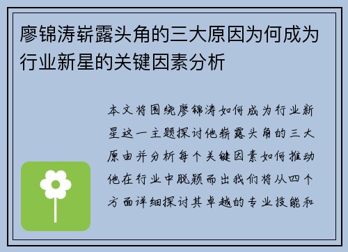 廖锦涛崭露头角的三大原因为何成为行业新星的关键因素分析